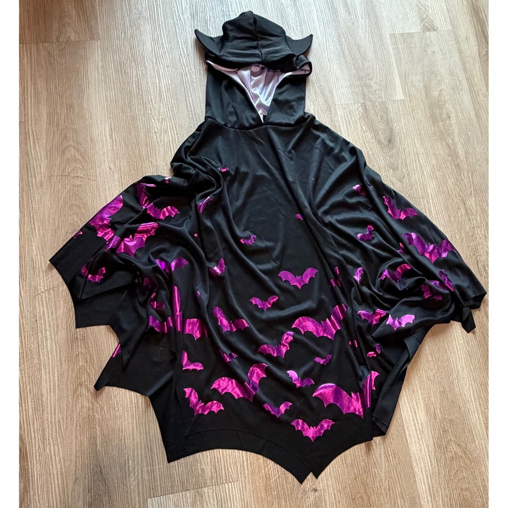 Black Hooded Bat Wing Cape Metallic Purple Bat Print Halloween Costume Accessory